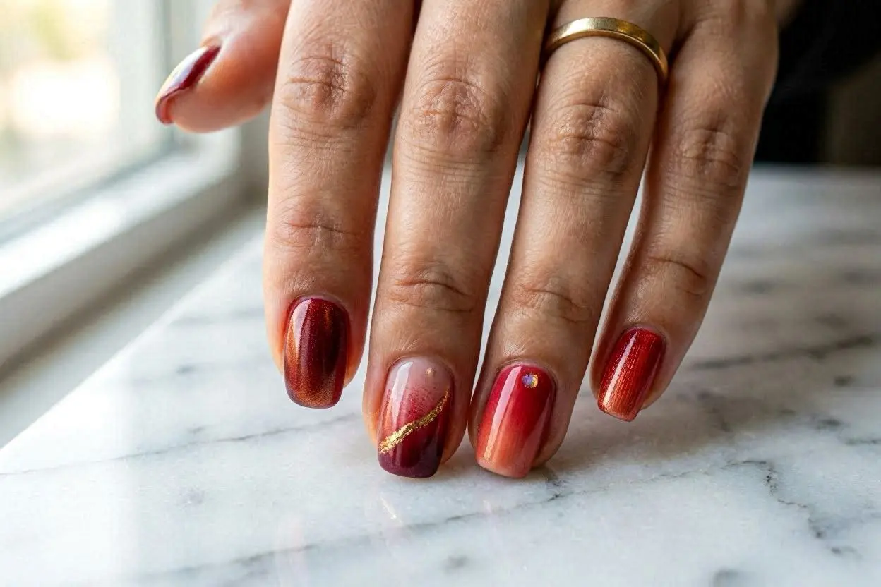 red ombre nails with glitter