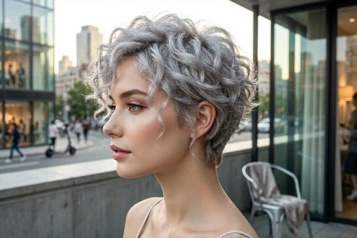 Short silver-gray curly pixie haircut with volume and texture.