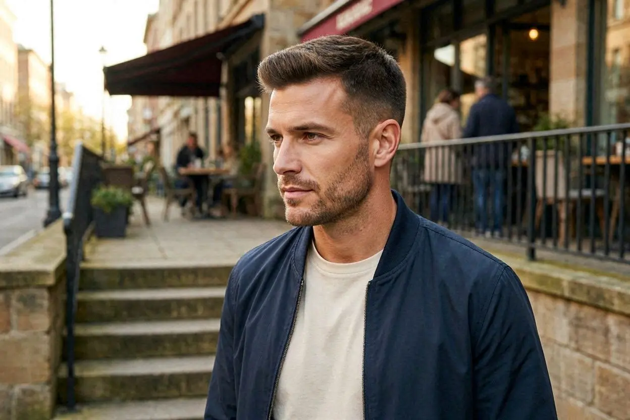 Neat casual flat-top haircut with a relaxed modern appearance.