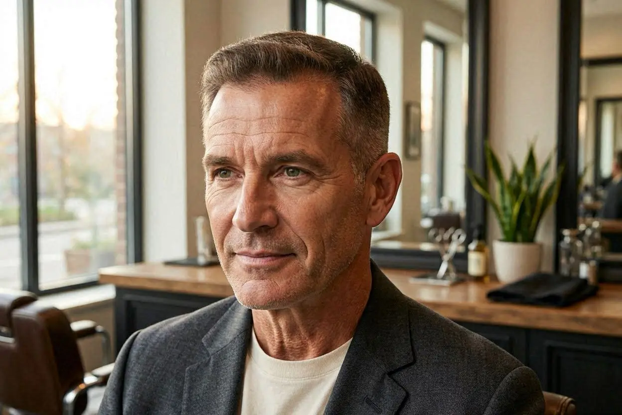 Flat-top haircut designed to complement a receding hairline.