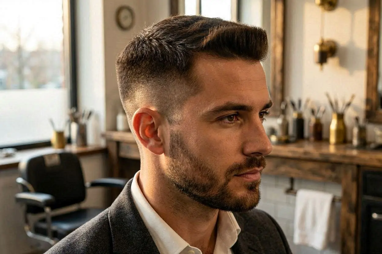 Lightly faded flat-top haircut with clean sides and texture.
