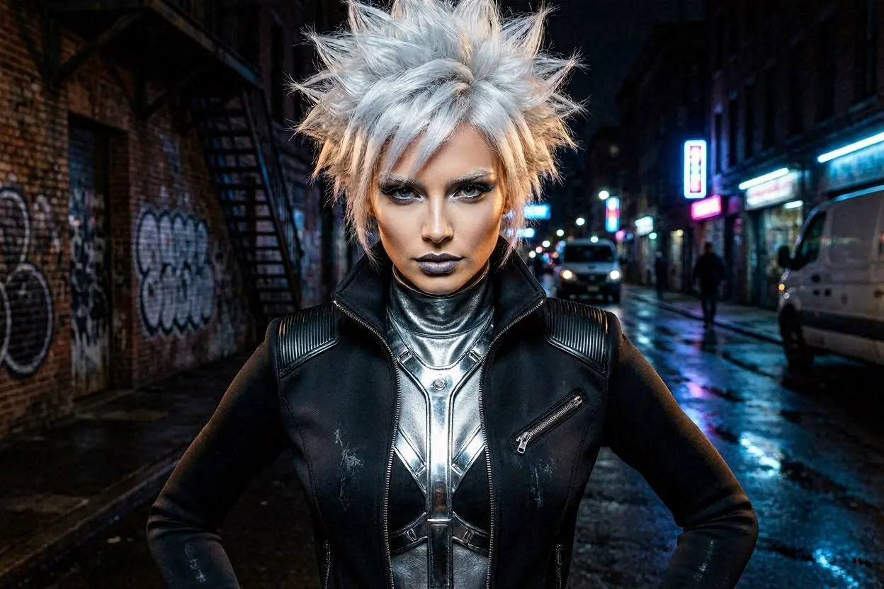 Titanium white spiky haircut with edgy modern styling.