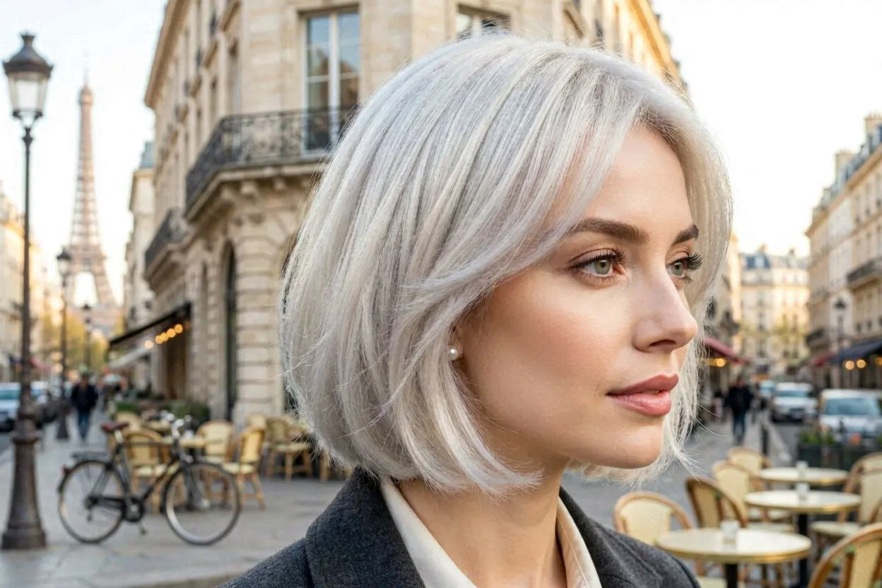 Silver bob haircut with stylish bangs and sleek texture.