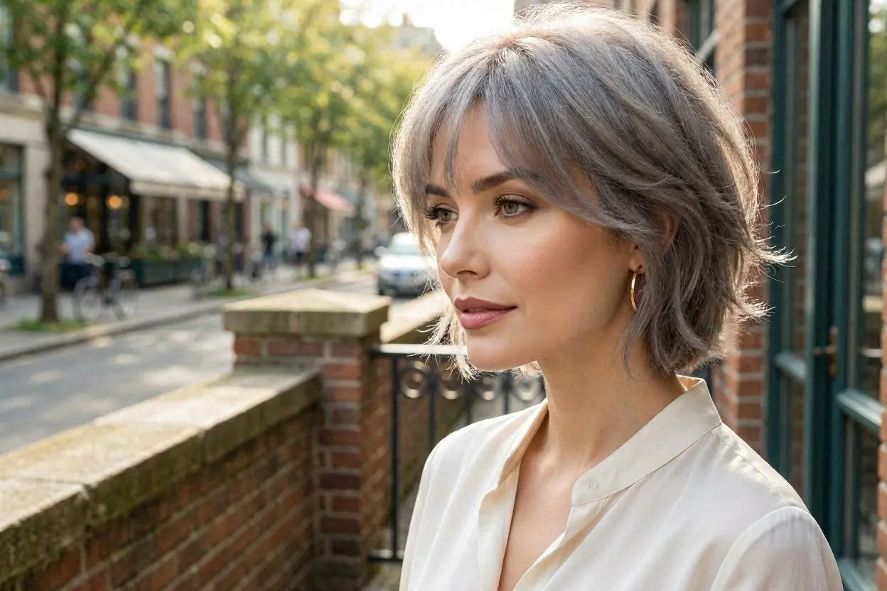 Gray layered hairstyle with soft bangs framing the face.