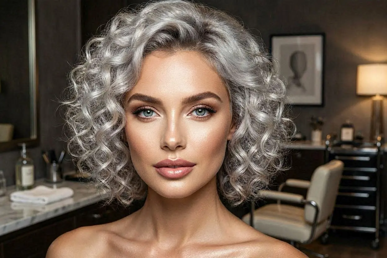 Voluminous tight silver curls with bold texture and shine.