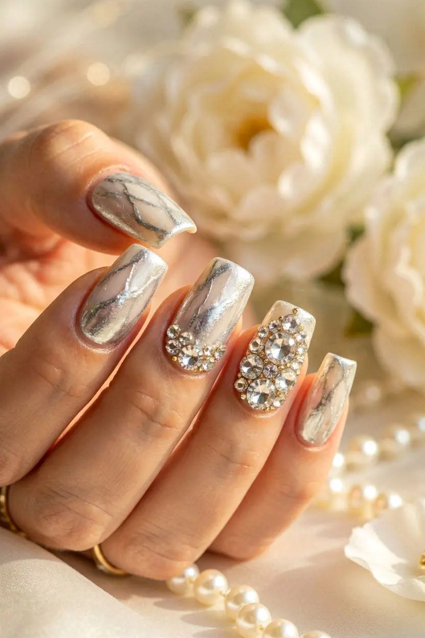 silver nail designs short