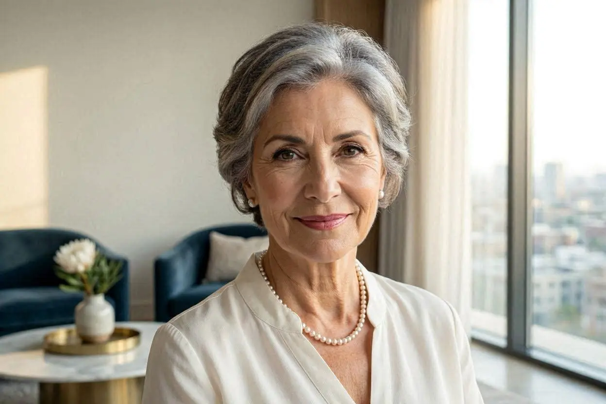 Salt-and-pepper hairstyle with silver highlights and dimension.