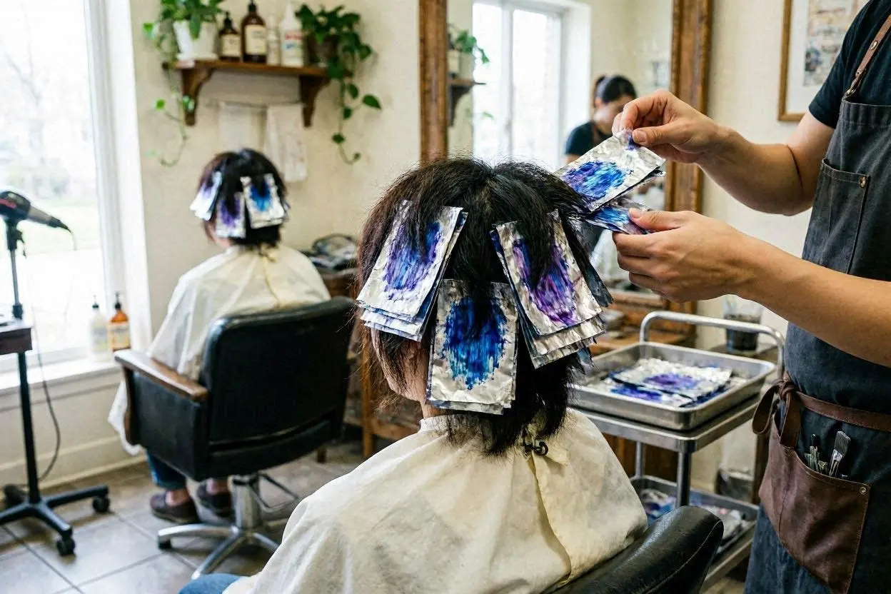 Chunky galaxy highlights in blue and purple on dark hair.