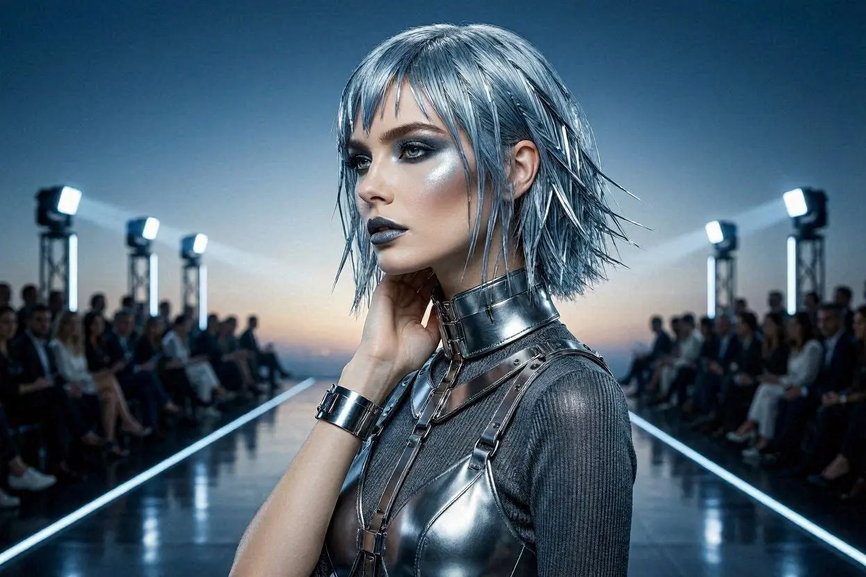 Bold blue-gray hairstyle with metallic shine and dramatic dimension.