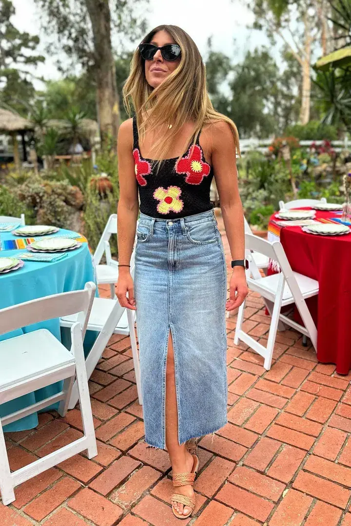 Crochet Top and Denim Skirt