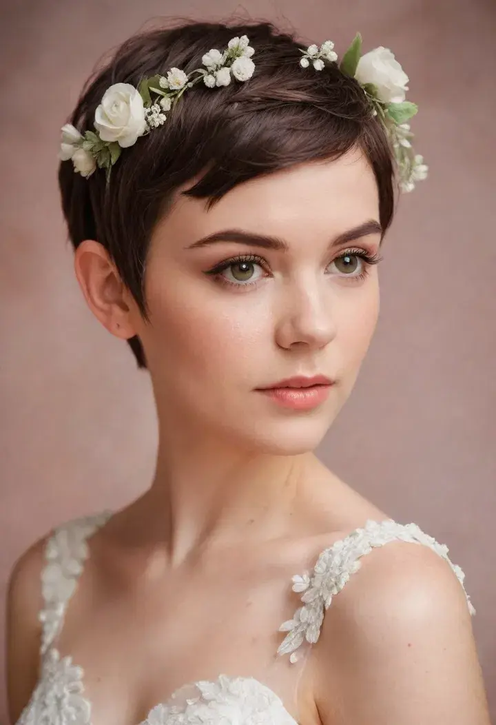 Pixie Cut with Floral Accents Wedding Hairstyle