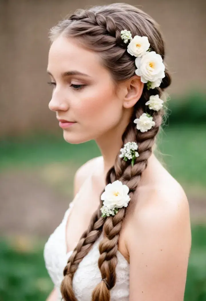 Side Braid with Flowers Wedding Hairstyle
